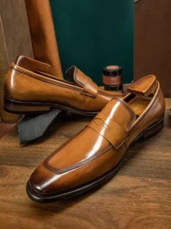 Men's Cowhide Penny Loafer Slip On Prom Wedding Shoes
