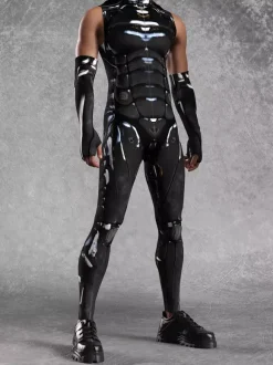 Mens Cyberpunk Bodysuit Optical Illusion Robot Print Metallic Catsuits