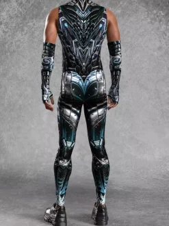 Mens Cyberpunk Bodysuit Optical Illusion Robot Print Metallic Catsuits