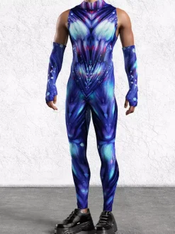 Mens Cyberpunk Bodysuit Optical Illusion Robot Print Metallic Catsuits