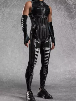 Mens Cyberpunk Bodysuit Optical Illusion Robot Print Metallic Catsuits
