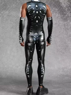 Mens Cyberpunk Bodysuit Optical Illusion Robot Print Metallic Catsuits