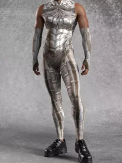Mens Cyberpunk Bodysuit Optical Illusion Robot Print Metallic Catsuits