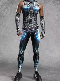 Mens Cyberpunk Bodysuit Optical Illusion Robot Print Metallic Catsuits