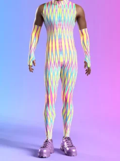 Mens Cyberpunk Bodysuit Optical Illusion Robot Print Metallic Catsuits