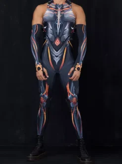 Mens Cyberpunk Bodysuit Optical Illusion Robot Print Metallic Catsuits