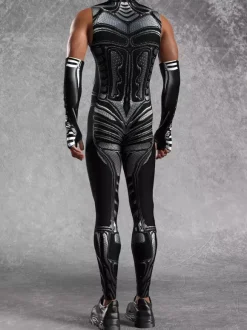 Mens Cyberpunk Bodysuit Optical Illusion Robot Print Metallic Catsuits