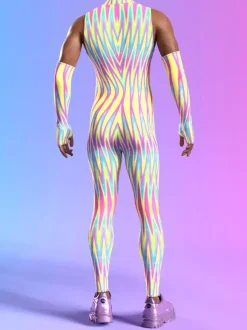 Mens Cyberpunk Bodysuit Optical Illusion Robot Print Metallic Catsuits