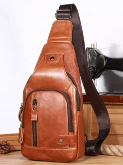 Men's Dark Brown Zipper Crossbody Bag