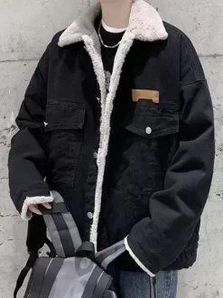Men's Demin Jackets Pockets Faux Fur Collar Winter Coats
