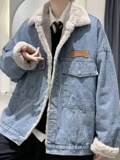 Men's Demin Jackets Pockets Faux Fur Collar Winter Coats