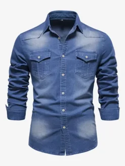 Men's Denim Shirt Casual Solid Color Long-Sleeved Slim Fit Shirt