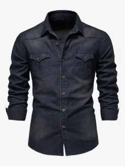 Men's Denim Shirt Casual Solid Color Long-Sleeved Slim Fit Shirt