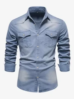 Men's Denim Shirt Casual Solid Color Long-Sleeved Slim Fit Shirt