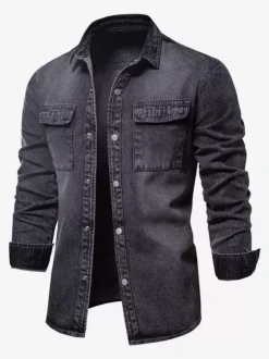 Men's Denim Shirt Top Casual Lapel Denim Shirt with Pockets