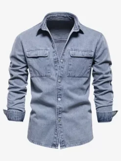 Men's Denim Shirt Top Casual Lapel Denim Shirt with Pockets