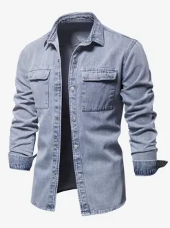 Men's Denim Shirt Top Casual Lapel Denim Shirt with Pockets