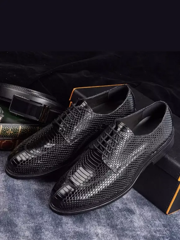 Mens Derbies Dress Shoes Genuine Python-Embossed Leather Business Formal Shoes