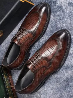 Mens Derbies Dress Shoes Genuine Python-Embossed Leather Business Formal Shoes