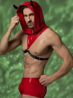 Men's Devil Costume Set Red Vinyl Hooded Harness Shorts Halloween Cosplay Outfit Night Club Wear