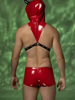 Men's Devil Costume Set Red Vinyl Hooded Harness Shorts Halloween Cosplay Outfit Night Club Wear