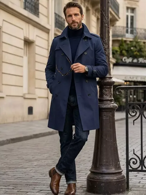 Men's Double-Breasted Coats Mid-Length Slim Coats British Style Windbreakers
