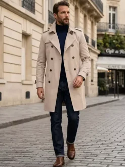 Men's Double-Breasted Coats Mid-Length Slim Coats British Style Windbreakers