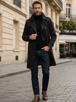 Men's Double-Breasted Coats Mid-Length Slim Coats British Style Windbreakers