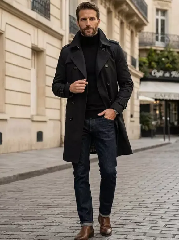 Men's Double-Breasted Coats Mid-Length Slim Coats British Style Windbreakers