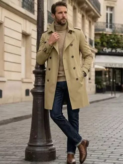 Men's Double-Breasted Coats Mid-Length Slim Coats British Style Windbreakers