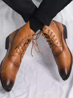 Mens Dress Ankle Boots Pointed Toe Leather Oxfords With Low Heel Formal Business Casual Shoes
