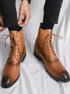 Mens Dress Ankle Boots Pointed Toe Leather Oxfords With Low Heel Formal Business Casual Shoes