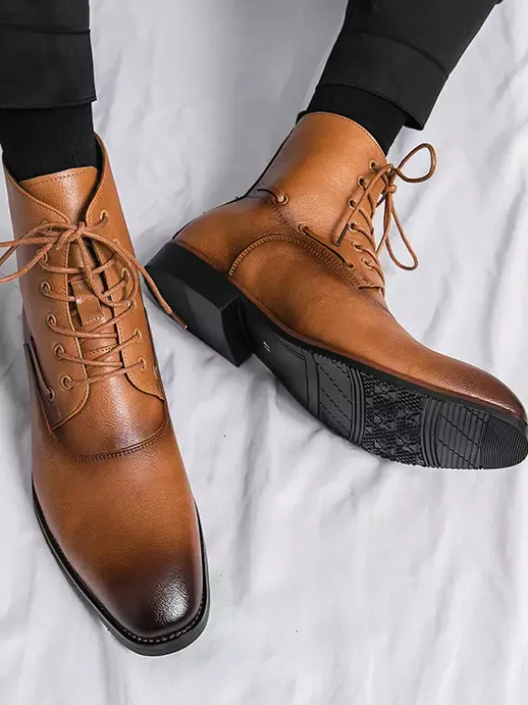 Mens Dress Ankle Boots Pointed Toe Leather Oxfords With Low Heel Formal Business Casual Shoes