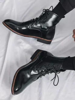 Mens Dress Ankle Boots Pointed Toe Leather Oxfords With Low Heel Formal Business Casual Shoes