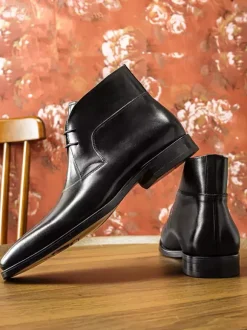 Men's Dress Boots Black Cowhide Leather Lace Up Square Toe Ankle Boots
