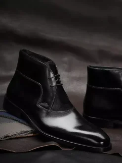 Men's Dress Boots Black Cowhide Leather Lace Up Square Toe Ankle Boots