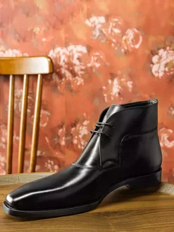 Men's Dress Boots Black Cowhide Leather Lace Up Square Toe Ankle Boots