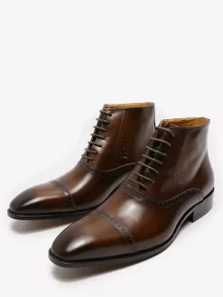 Mens Dress Boots British Pointy Toe Lace Up Leather Cap Toe Shoes