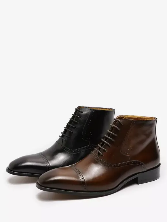 Mens Dress Boots British Pointy Toe Lace Up Leather Cap Toe Shoes