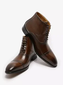 Mens Dress Boots British Pointy Toe Lace Up Leather Cap Toe Shoes