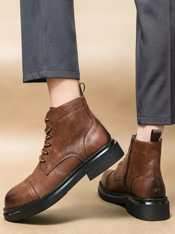 Mens Dress Boots Cap-Toe Derby Boots Chunky Sole Formal Ankle Boots