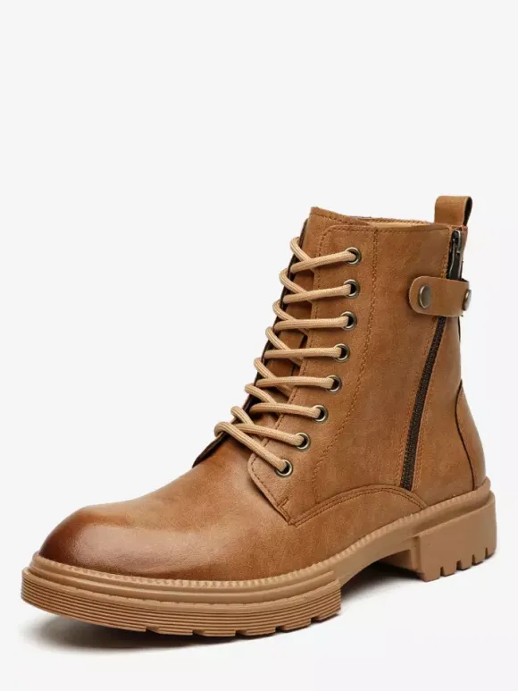 Mens Dress Boots Round-Toe Chunky Sole Hybrid Lace-Up And Side Zipper