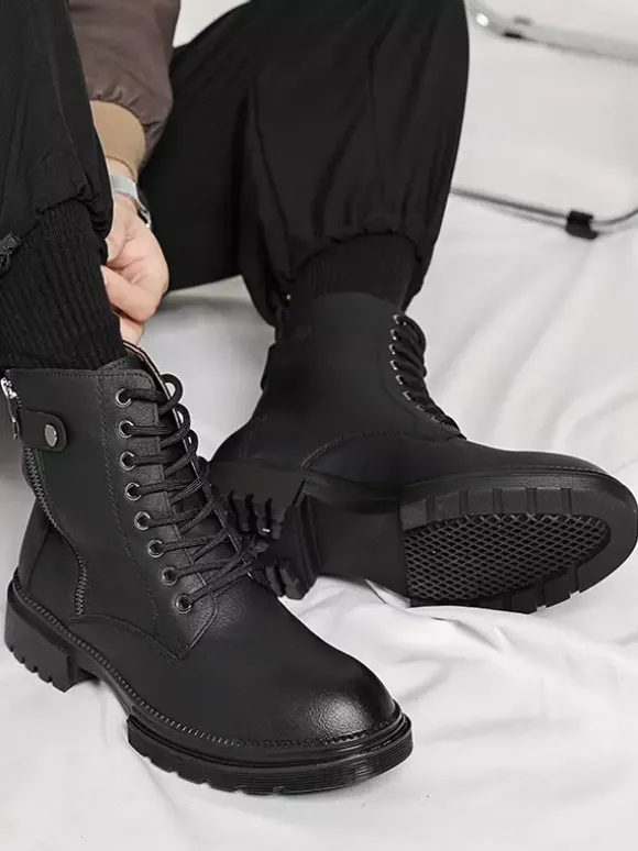 Mens Dress Boots Round-Toe Chunky Sole Hybrid Lace-Up And Side Zipper