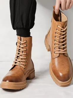 Mens Dress Boots Round-Toe Chunky Sole Hybrid Lace-Up And Side Zipper
