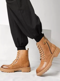 Mens Dress Boots Round-Toe Chunky Sole Hybrid Lace-Up And Side Zipper