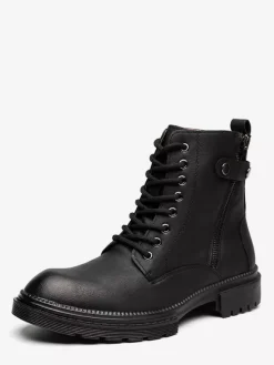 Mens Dress Boots Round-Toe Chunky Sole Hybrid Lace-Up And Side Zipper
