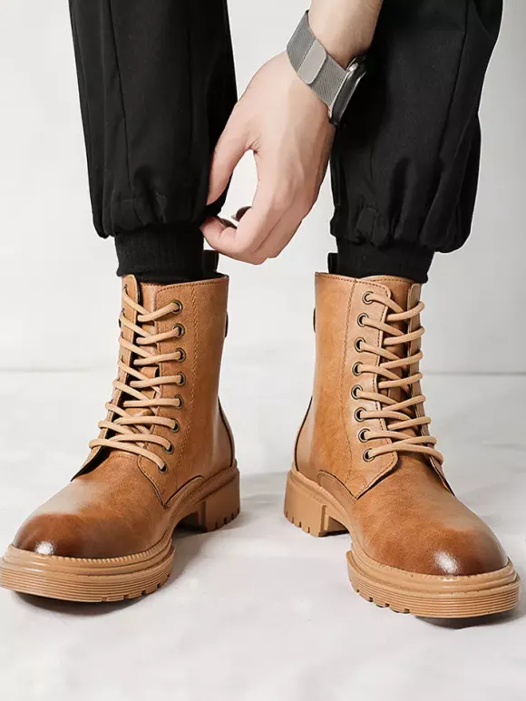 Mens Dress Boots Round-Toe Chunky Sole Hybrid Lace-Up And Side Zipper