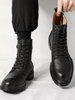 Mens Dress Boots Round-Toe Chunky Sole Hybrid Lace-Up And Side Zipper