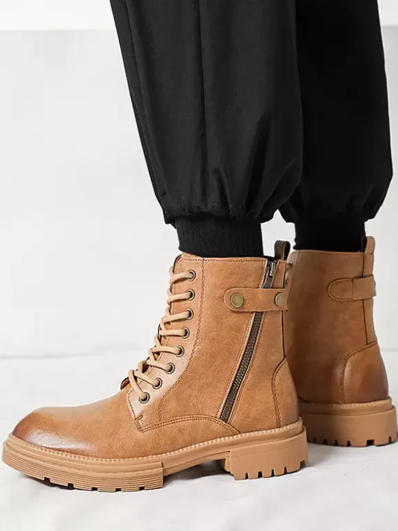 Mens Dress Boots Round-Toe Chunky Sole Hybrid Lace-Up And Side Zipper