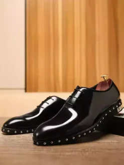 Men's Dress Shoes Fashion Round Toe Rivets Cowhide Oxford Tuxedo Dress Shoes